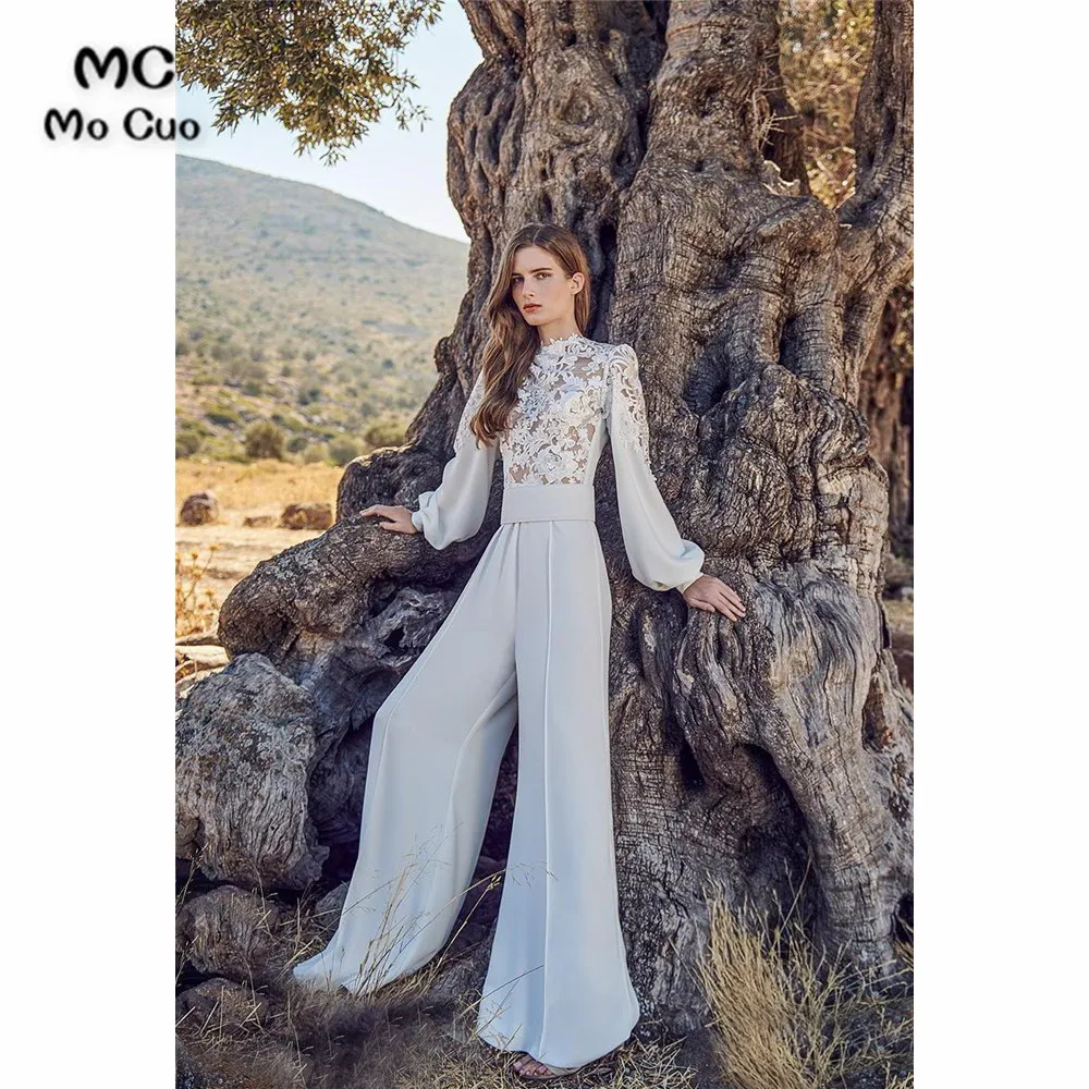 Elegant Wedding Jumpsuits High Neck Lace Long Sleeve Bohemian Wedding Dress Custom Made Pants Suit Beach Robes De Mariée (1)