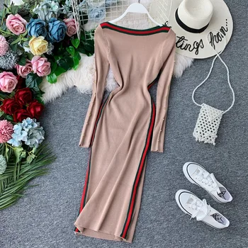 

Autumn winter 2019 new medium and long knitting needle bead dress women's slim bottoming package hip tight fur dress knee high