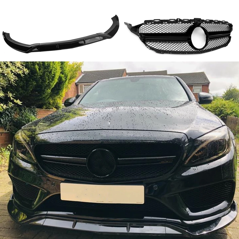 

For Mercedes Benz C-Class W205 Sport Gloss Black Lower Bumper Spoiler Lip Splitter+Front Hood Mesh Grille Grill W/ Camera Hole