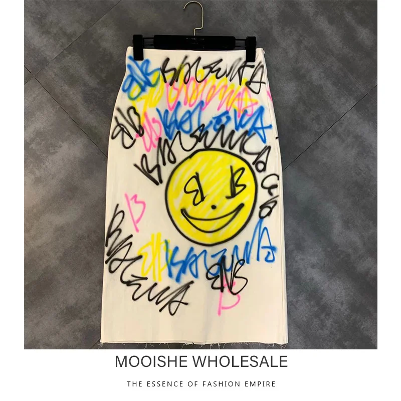 

2019 Early Autumn New Elastic Elastic Waist Color Letter Smiley Face Pencil Skirt