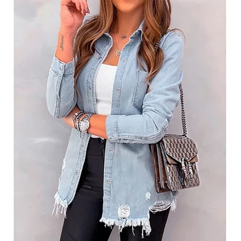 

New Fashion Autumn Women's Hole Patch Denim Ripped Jeans Distressed Denim Long Sleeve Jacket Coat Outwear Streetwear