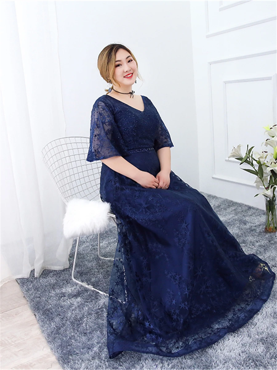 Вечернее платье с v-образным вырезом, Вышитое кристаллами, Robe De Soiree размера плюс, темно-синие женские вечерние платья, вечернее платье с рукавом до локтя T218