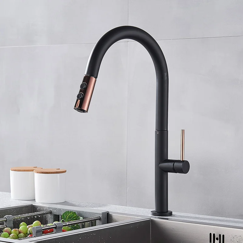 

Black Rose Gold Kitchen Faucets Pull Out Spray 360 Rotation Single Handle Mixer Tap Kitchen Sink Mixer Tap
