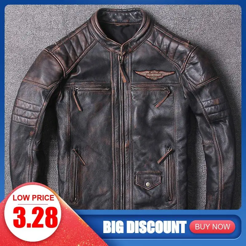 

2020 Vintage Brown Men American Motorcycle Leather Jacket Plus Size XXXXXL Genuine Thick Cowhdie Winter Biker's Leather Coat