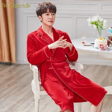 Роскошная мужская зимняя теплая одежда супер мягкий бархатный халат яркая Китайская Красная свадьба халат с поясом Полосатое кимоно для мужчин новинка