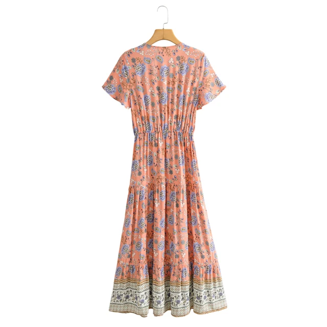 Vintage chic women Floral print short sleeve Bohemian maxi dresses Ladies deep V neck rayon cotton sashes Boho dress vestidos 5