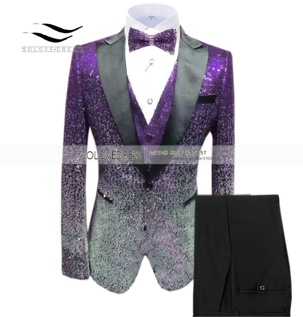 Solovedress мужской костюм, расшитый пайетками модный градиентный цвет вечерние смокинги для сцены с пиковым отворотом 3 штуки винтажный Блестящий бордовый фрак - Цвет: Purple-Silver