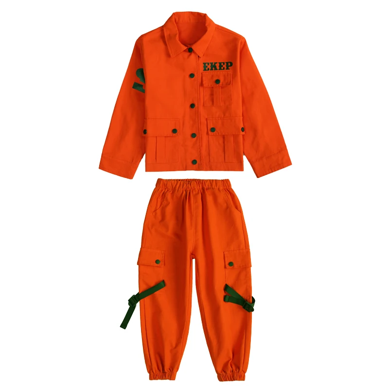 Jazz Costumes Orange Tooling Long Sleeve Jacket Pants Boys Street Dancing Clothes Hip Hop Dance Set Stage Dancewear Kids clothing sets black	