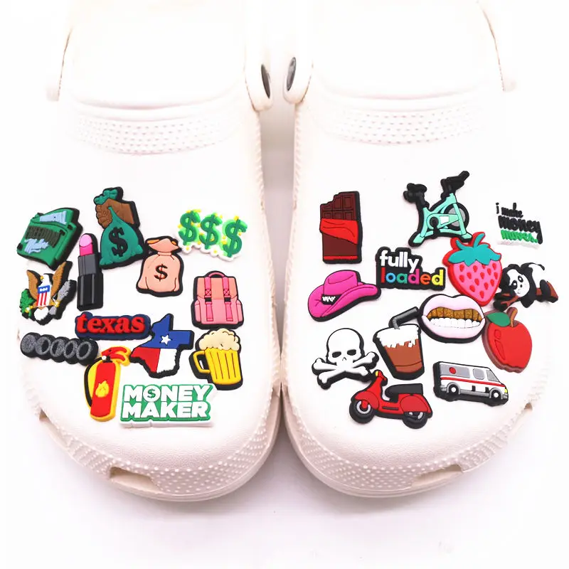 Novelty 31 Types Shoe Charms Accessories Texas Money Death Beer PVC Shoe Decoration Designer for croc jibz Kids X-mas Party Gift