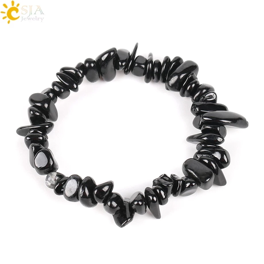CSJA Natural Gem Stone Chip Beads Chakra Black Tourmaline Bracelets for Women Small Size