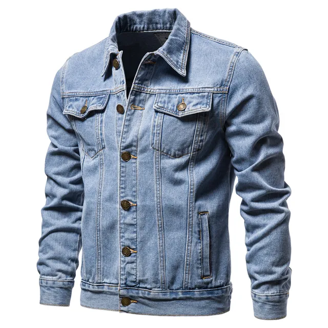 Куртка мужская хлопковая джинсовая, однотонная, однобортная, с лацканами, приталенный силуэт, качественная, на осень 1