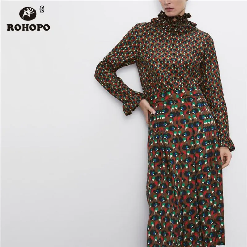 

ROHOPO Turtleneck Neck Butterfly Collar Long Sleeve Floral Blouse Buttons Fly Autumn Elgant Ladies Ruffled Cuff Tops Blusa #9413