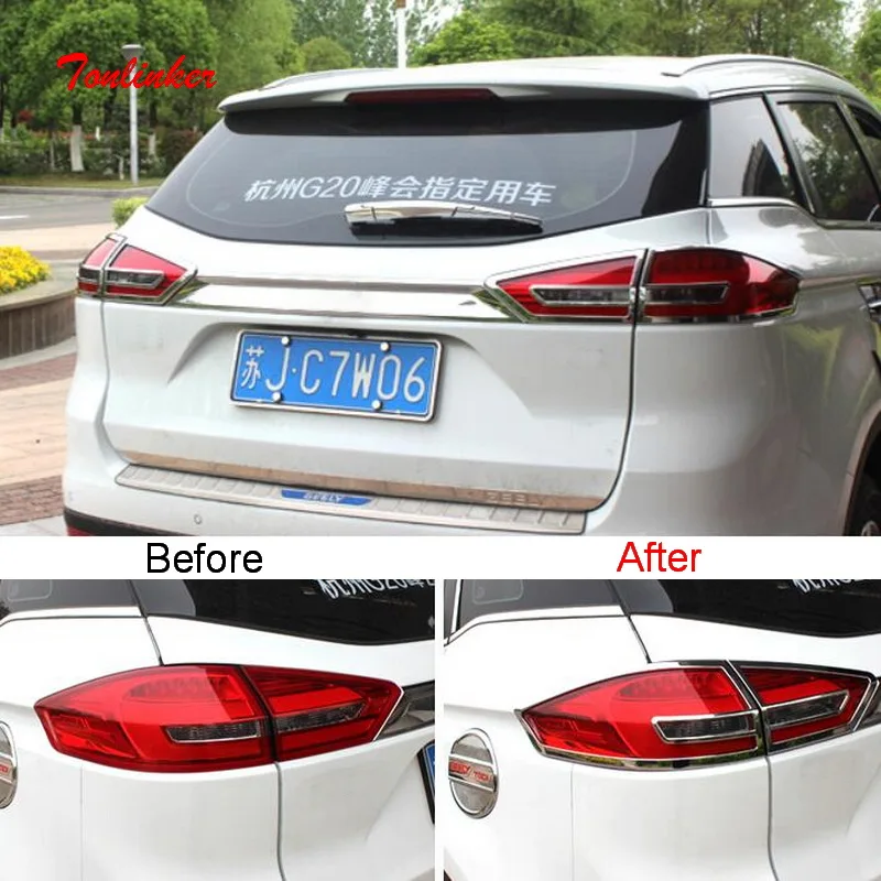 

Tonlinker Exterior Car Rear Headlight Cover case stickers For Geely Atlas 2016-19 Car Styling 4 PCS ABS Chrome Covers sticker
