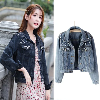 

Pearl Beading Crop Denim Jackets 2020 Spring Women 5Xl Casual Jeans Bomber Jacket Long Sleeve Denim Coat Korean Plus Size