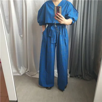 

SuperAen Fashion Europe Women's Sets Puff Sleeve Short Suit Jacket High Waist Wide Leg Pants Autumn New 2019 Two Pieces Female