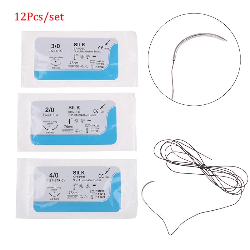 Hot sale 12PCS 75cm 2/0 3/0 4/0 Dental Surgical Needle Silk Medical Thread Suture Surgical