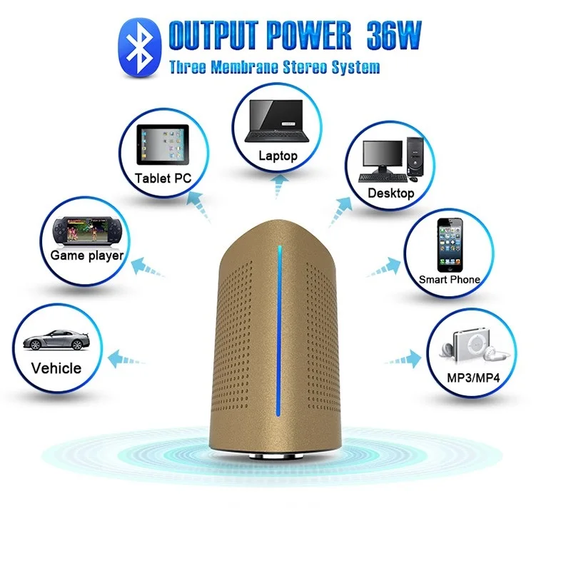 Портативный динамик NFC 36 Вт беспроводной с вибрацией и Bluetooth s ADIN V8 золотистый