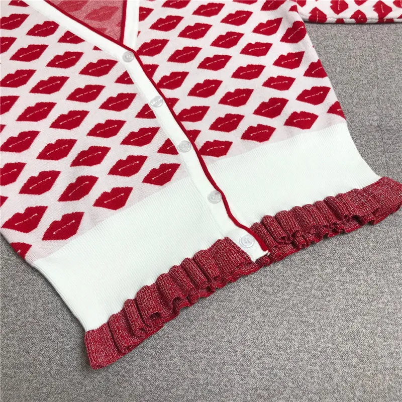 Роскошный дизайнерский брендовый вязаный свитер для женщин винтажный v-образный вырез контрастный цвет красные губы оборки трикотажные кардиганы свитер