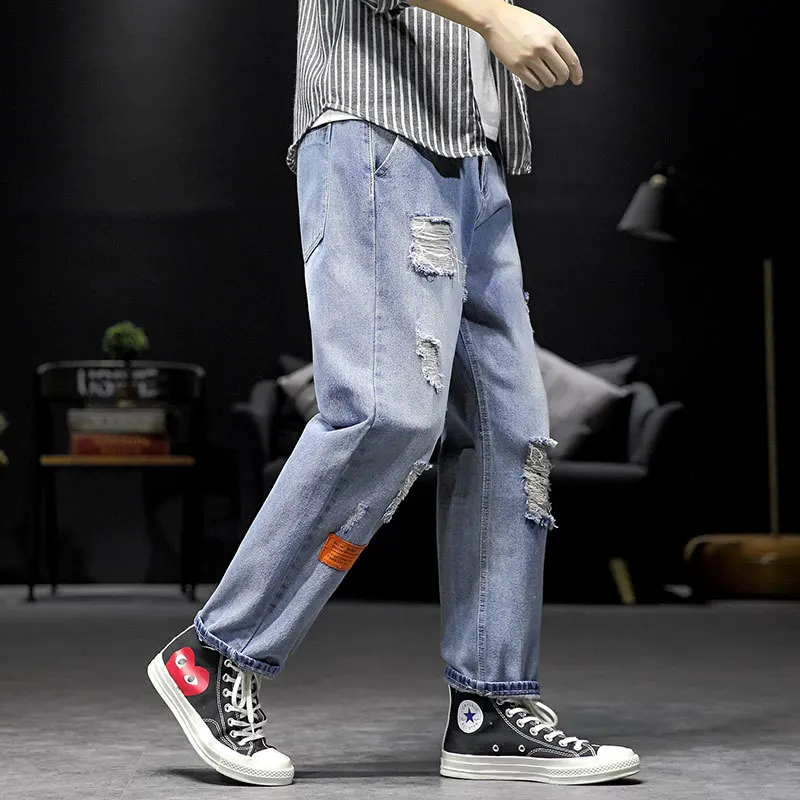 50% OFF Shattered Jeans Men's Fashion Washed Retro Casual Jean Pants Men Streetwear Wild Loose Hip Hop Denim Trousers Mens M-5XL