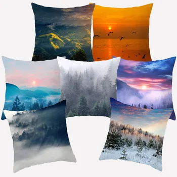 

Scenery Forest Tree Pillowcover 45x45 Cushion Cover Polyester Single Side Printed Decorative Sofa Cushions Sunset Pillowcase