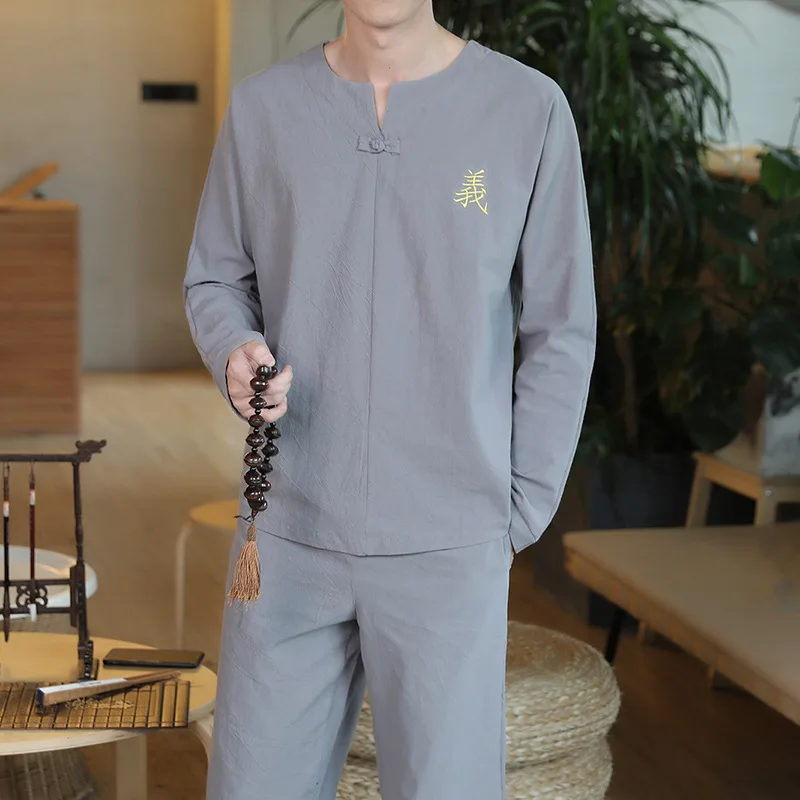 

Men's Chinese-style Spring And Autumn Cotton Linen Frog Embroidered Set Retro Loose And Plus-sized Leisure T-shirt Trousers Two-