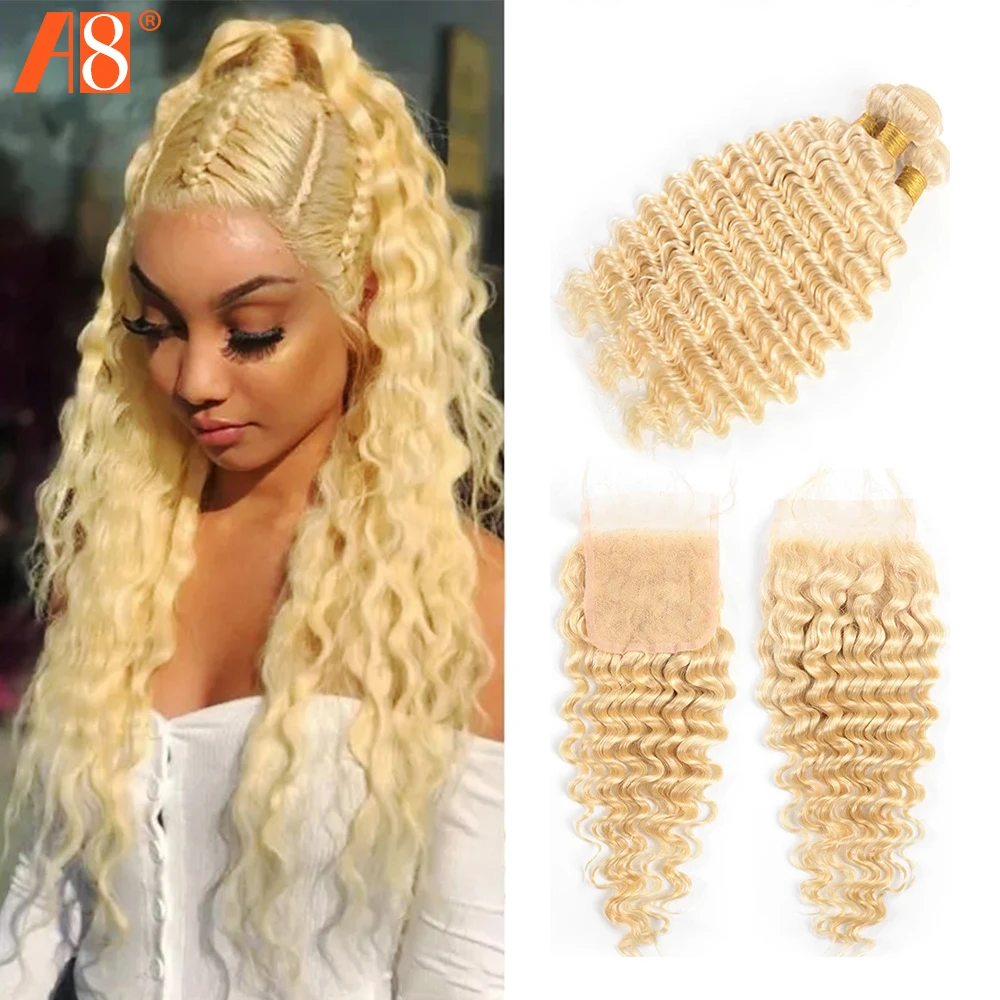 Honey 613-mechones de pelo brasileño ondulado con cierre de encaje transparente, extensiones de cabello humano mechones Remy con cierre, 4x4