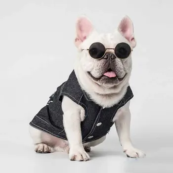 

Pet dog spring and summer cat dog original printed clothing denim vest sweater Bago French bulldog fat dog small dog clothing