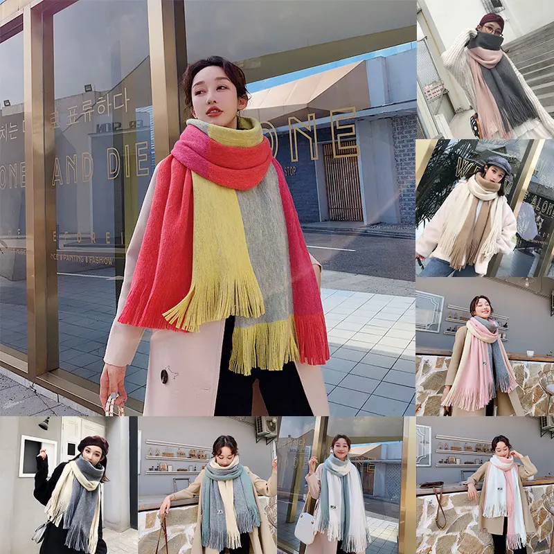 

Imitation Cashmere Couple Scarves Splicing Colors Tassel Scarf Soft Warm Unisex Scarf Women Men Knitted Scarf Long Thicken Shawl