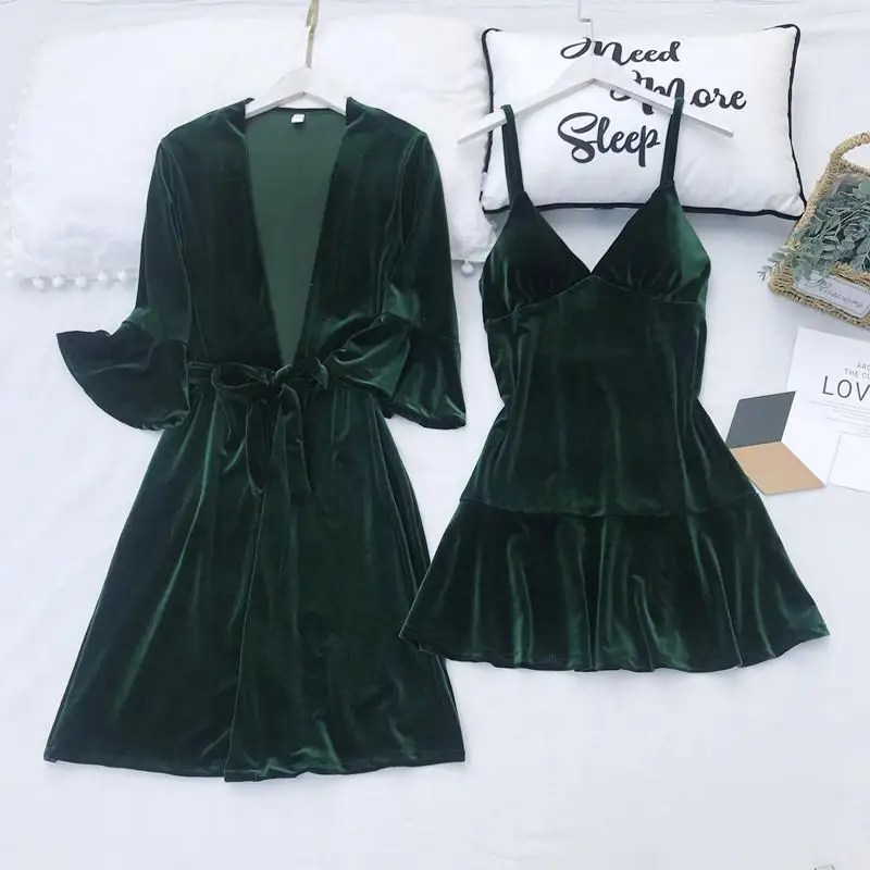 Dark Green1 Теплый Бархатный халат, кимоно, одежда для сна, мягкий велюр, женский свадебный халат, ночная рубашка, ночное белье, повседневное банное платье, интимное белье - Цвет: Dark Green1