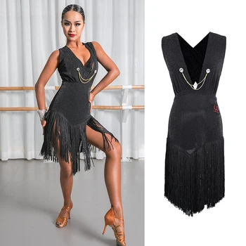 

Sexy Latin Dress Women Sleeveless Salsa Tango Cha Cha Samba Rumba Performance Clothes Ladies Black Ballroom Practice Wear DC4488