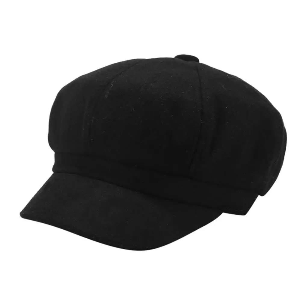 Осенне-зимние шапки для женщин, одноцветные Восьмиугольные кепки Newsboy для мужчин и женщин, повседневная шерстяная шапка, Зимний берет для женщин, шапка художника - Цвет: Черный