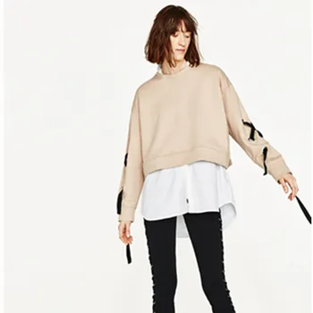 

5460 # Spring New Crew Neck Short Lace-up Solid Color Long Sleeve Pullover Hoody T-shirt Women's 2020 New