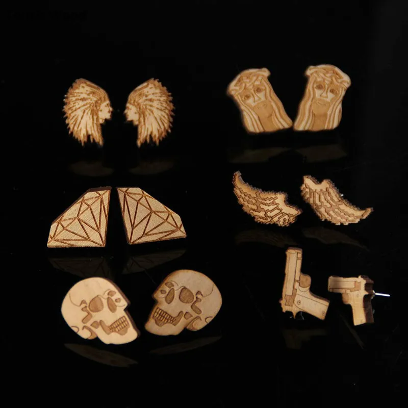 

Fashion wooden women stud earrings / burlywood skull wing / wholesale dropshipping