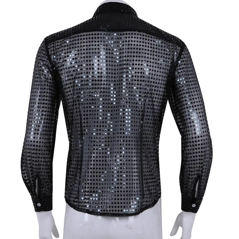 Hommes Men See Through Sequins Latin Dance Shirt Long Sleeve Ballroom Tango Rumba Top Mens Shirts Tops Performance Costume