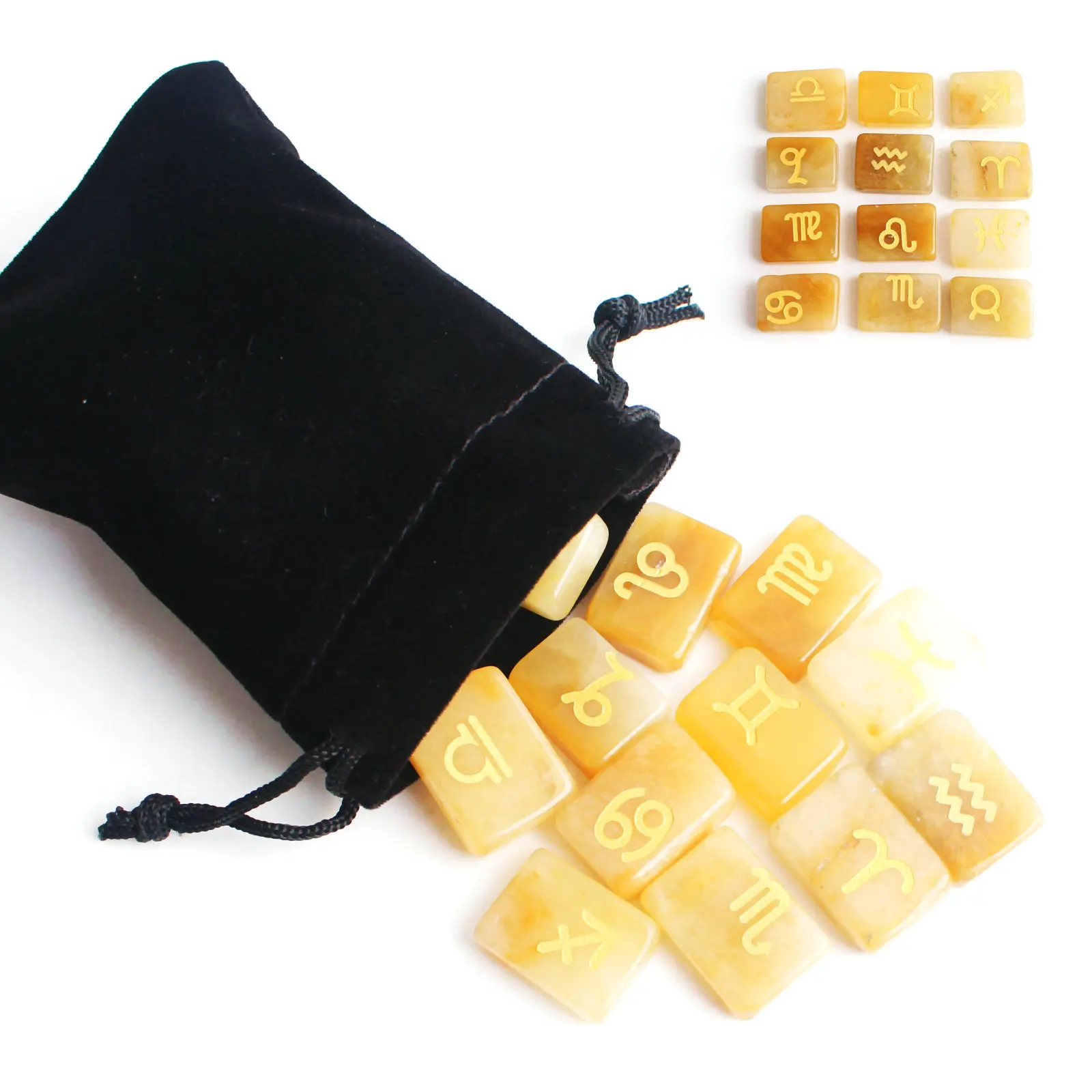 

Natural Chakra Crystal Yellow Jade Standing Stones 12 Zodiac Stone Runes Stones Polished Reiki Healing Graff Constellat Decor