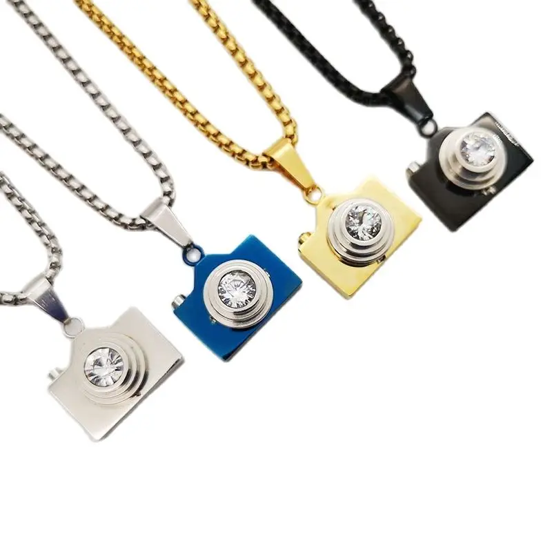 Stainless Steel Creative Men Camera Pendant Necklace Cubic Zirconia Stones Camera Popcorn Chain Necklace Fashion Jewelry Women