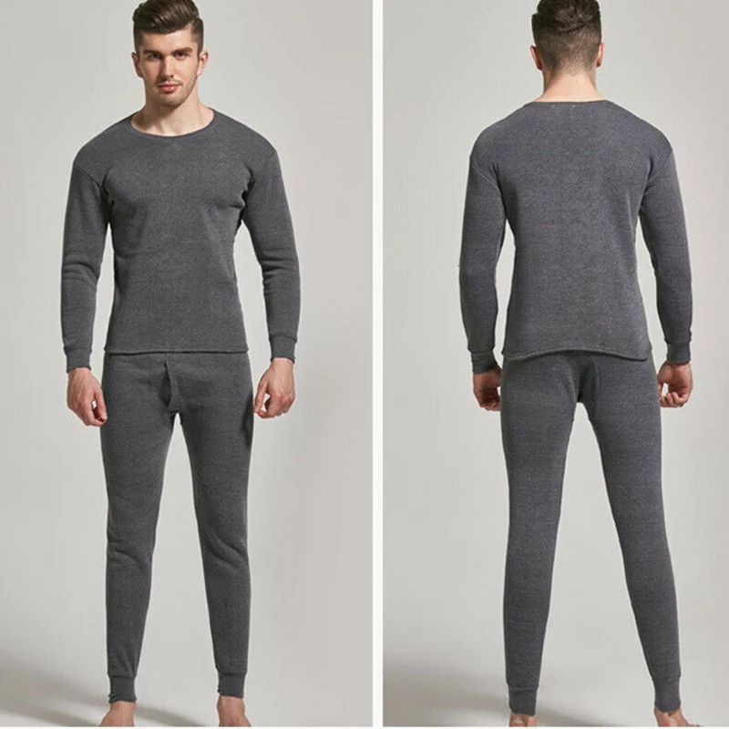 Newly Fashion Men Seamless Elastic Warm Plus Velvet Thick Inner Wear Thermals Pure Color Underwear Pants Set Homewear