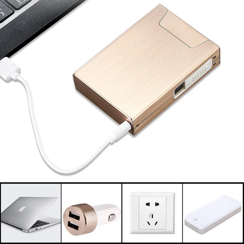 2-в-1 сигареты чехол зарядка через usb коробка Перезаряжаемые ветрозащитная сигаретная Зажигалка для курения металлических электронных сигарет коробка гаджеты для Для мужчин