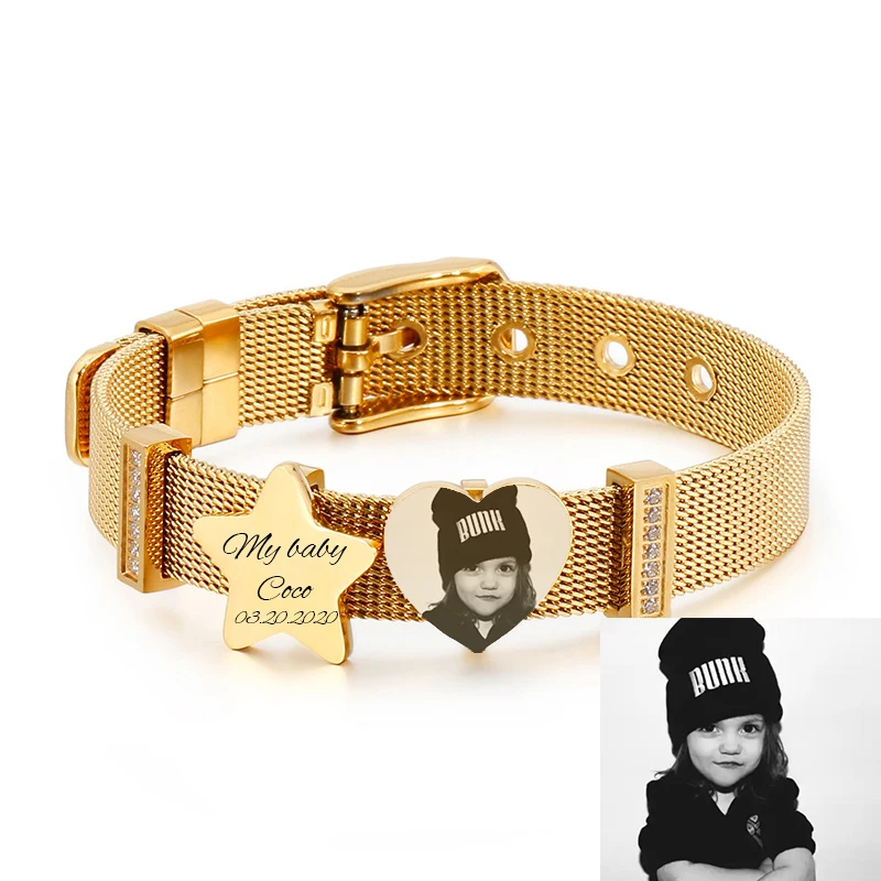 Custom Personalized Photo Name Bracelet Watchband Stainless Steel Rose Gold Women Men wrist Strap Watch Heart Star Bangle