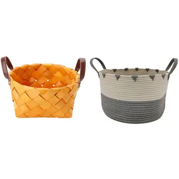 

Hand-Woven Round Hand-Held Fruit Basket Bread Basket Wood Basket 17X7.5cm & Cotton Rope Storage Baskets