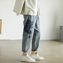 Повседневные женские джинсы осень весна шаровары с вышивкой и эластичным поясом свободные женские брюки YoYiKamomo