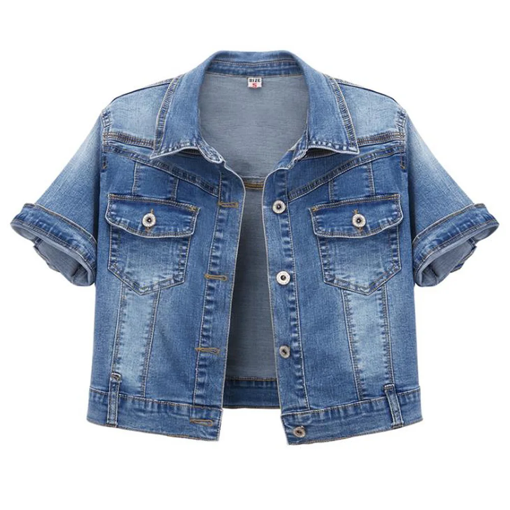Denim Woman Jacket Summer Short Sleeve Turndown Collar Female