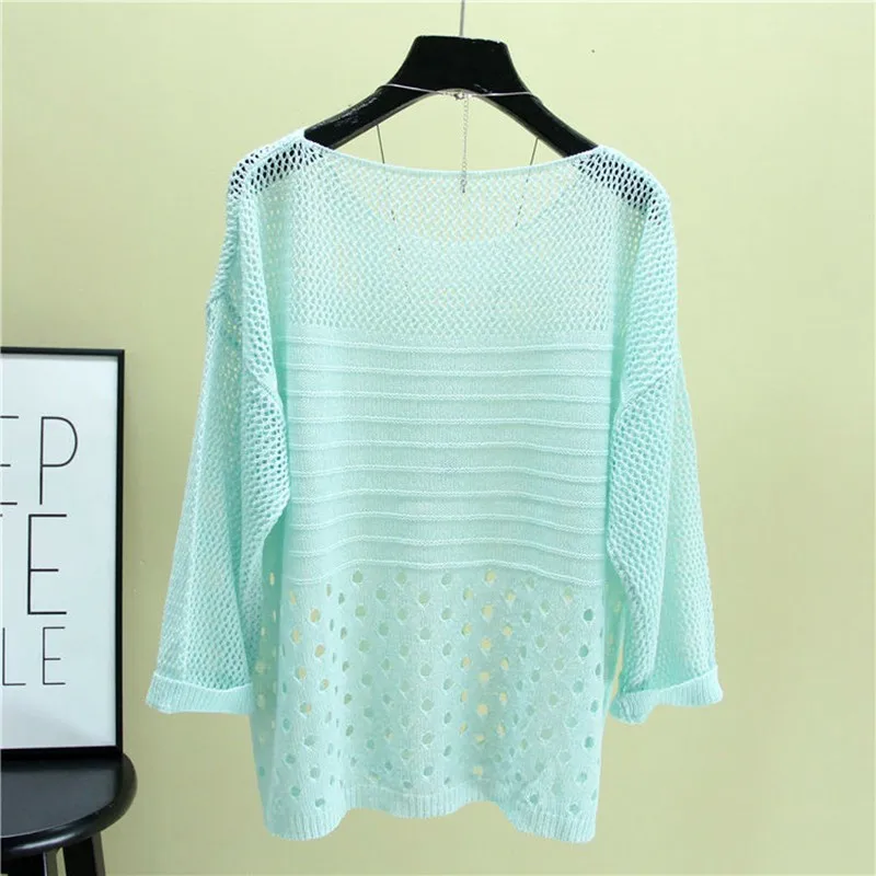 2025 Leisure White Hollow Out Mesh Top Women Thin Knitted Pullover Loose Summer Air Conditioning knitwear Pull Femme Tide H1451 3
