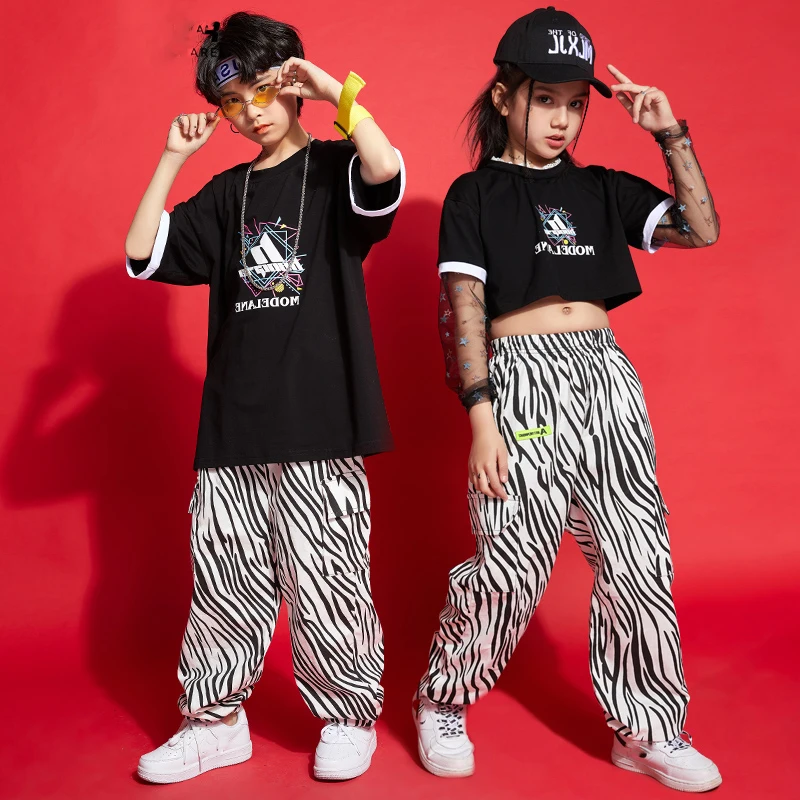 Hip-Hop Children'S Summer Short-Sleeved Zebra Pattern Hiphop Pants Jazz Dance Performance Costumes Street Clothes DN8083 |