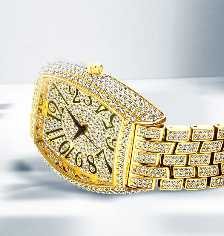 MISSFOX Ceas de aur pentru bărbați, ceasuri hip-hop bling bling tonneau cu cuarț pentru bărbați mari, impermeabil, ceas de mână Millerable_voghion.com