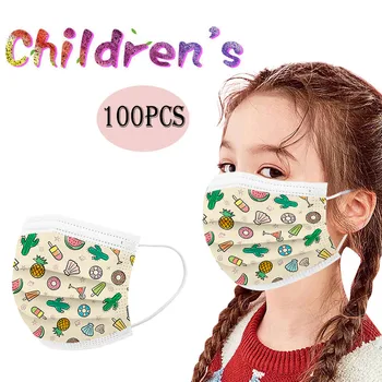 

10/20/50/100 Pc Face Mask Kids Children's Cartoon Mask Disposable Cactus Donut Summer Sausage Print Three Layer Face Masks