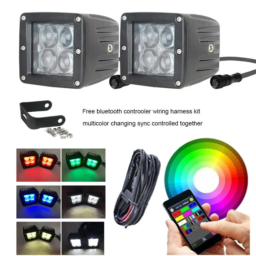 Car Accessories 2pcs 3X3 Inch 24W 5D RGB Led Work Light Bar Spot Pods Bluetooth Control Wiring Kit For Jeep SUV Offroad 4X4 4WD