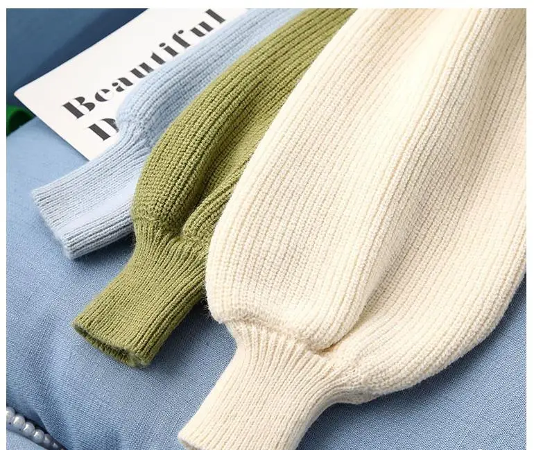 ruffles women sweaters autumn winter new v-neck knitted loose pockets lantern sleeved thicken warm elegant outwear coat top