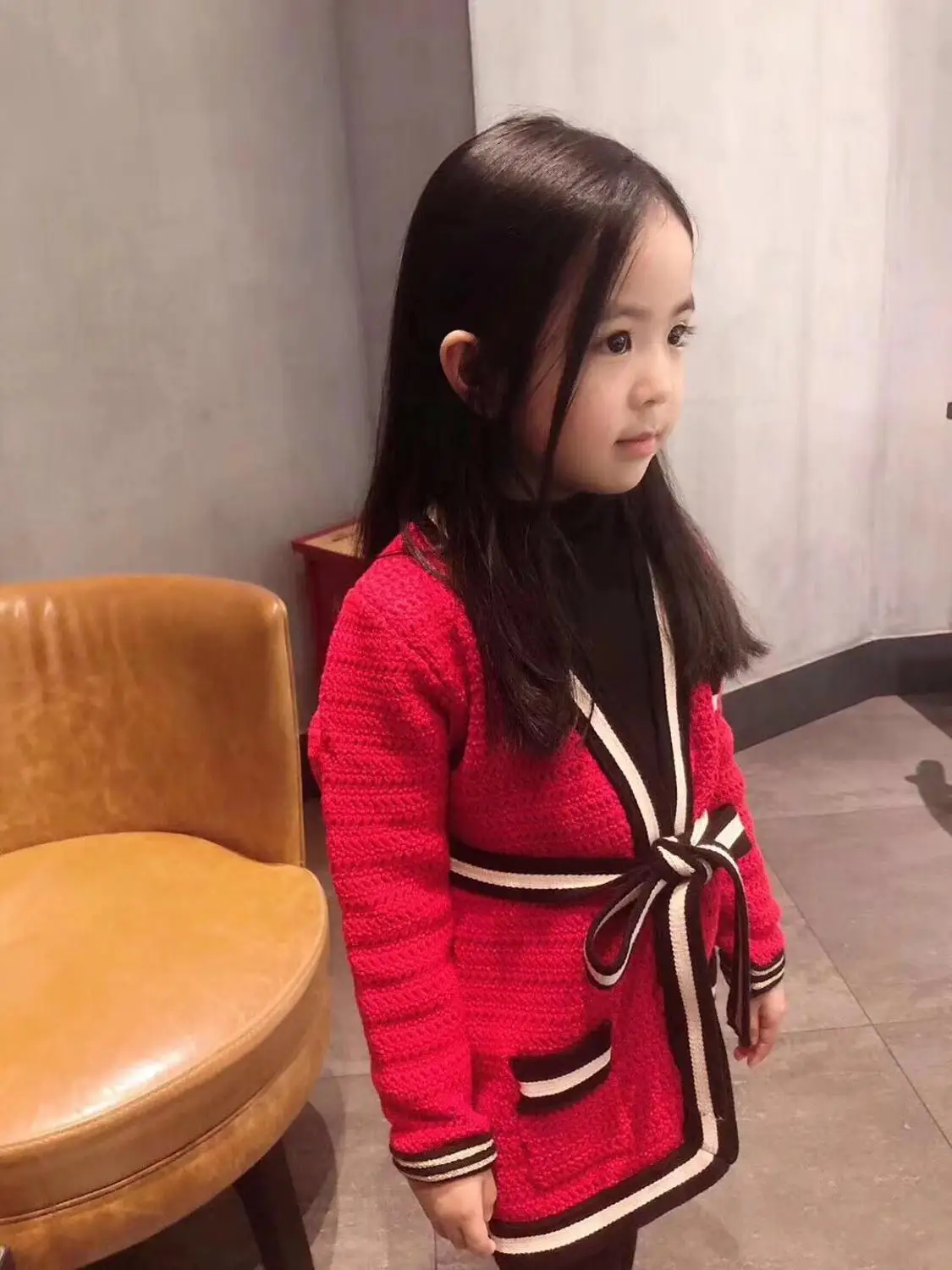 

Family Look Mon and Daughter Red Striped Cardigan Wool Coat For Baby Girl Kids Knitted Sweaters Knitwear Coat