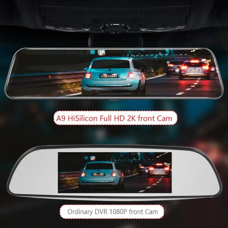A9 1440p Car Mini DVR Dash Camera Dual Lens 11.66inch Car Rearview Mirror DVR Camera Parking Monitoring Collision Boot Recording